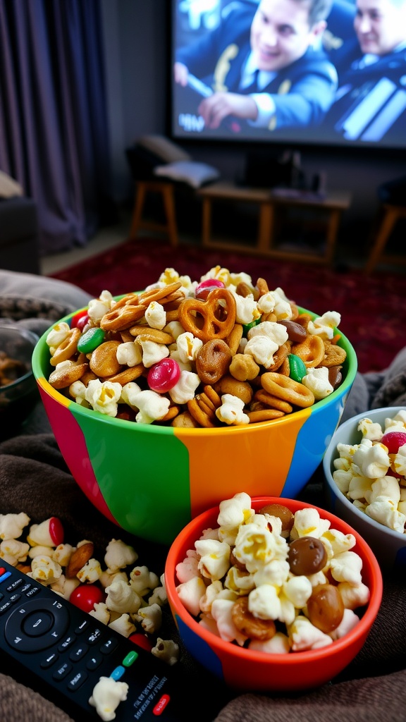 A vibrant bowl of crunchy snack mix with pretzels, nuts, chocolate, and popcorn ready for movie night.